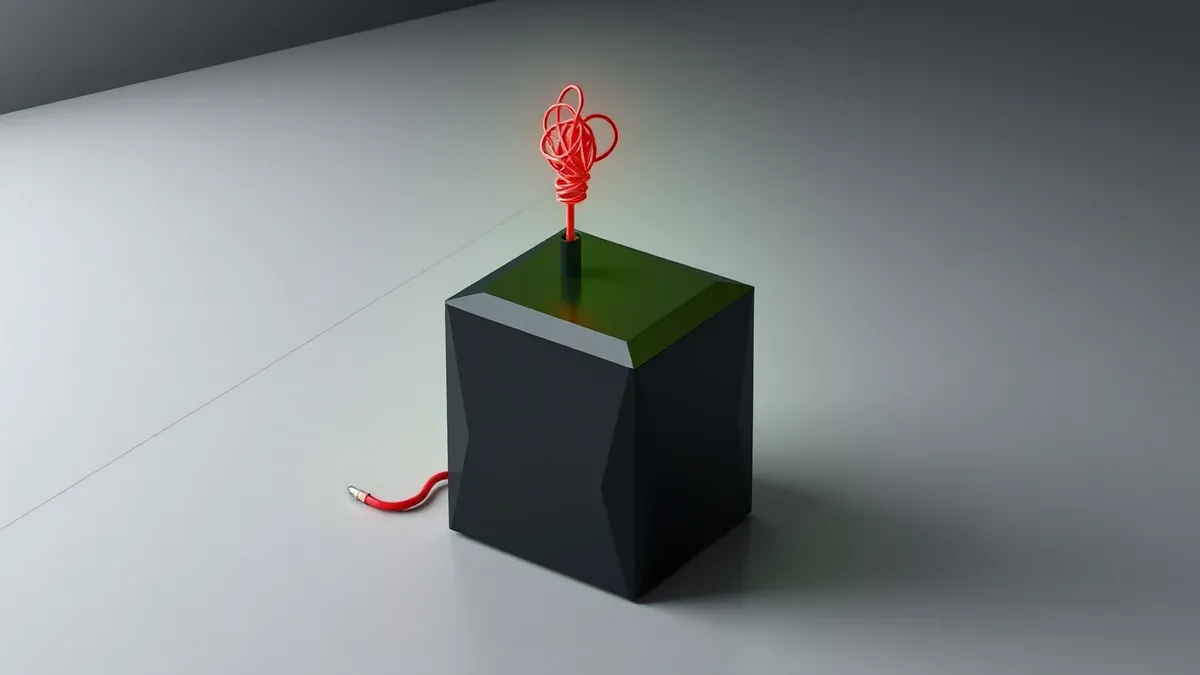 Illustration: A sleek black terminal server sits on a concrete floor with a single glowing red cable plugged into its back.