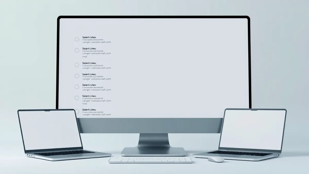 Illustration: A desktop monitor displays a single, unified email inbox with messages from different sources seamlessly merged into one vertical list.