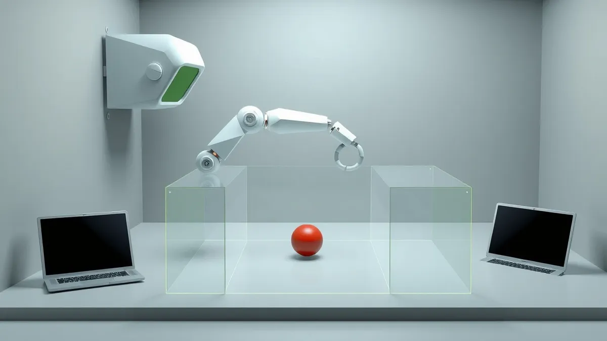 Illustration: A sleek white robot arm extends from a wall-mounted housing, its joints moving with precise mechanical fluidity.