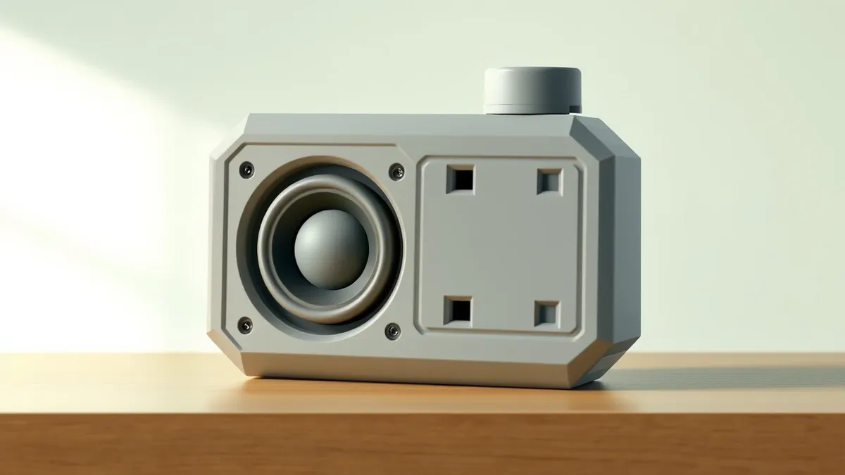 Illustration: A compact portable speaker shaped like a rectangular milk carton sits on a wooden table.