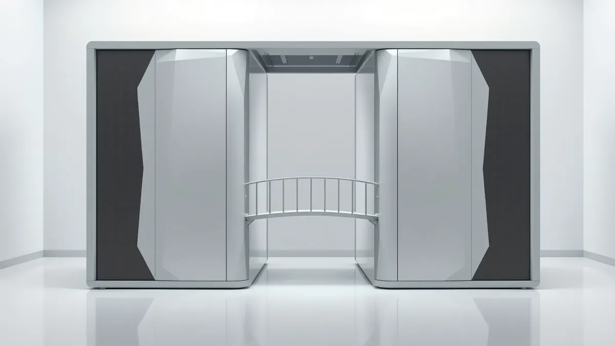 Illustration: A sleek, minimalist server rack sits in a sterile white room, its panels blank and featureless.