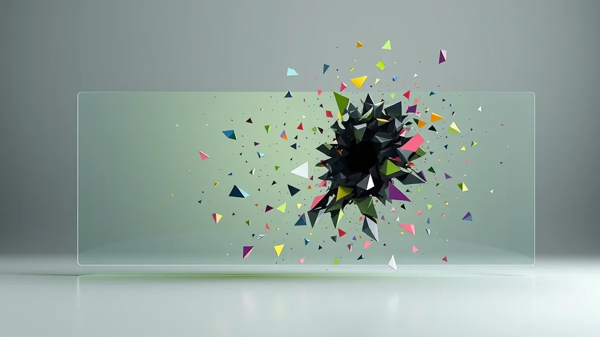 Illustration: A chaotic storm of jagged, multicolored geometric shards crashes violently into a pristine, transparent digital interface.