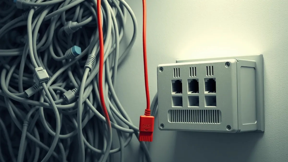 Illustration: A tangled mass of old gray ethernet cables hangs from a cluttered wall socket.