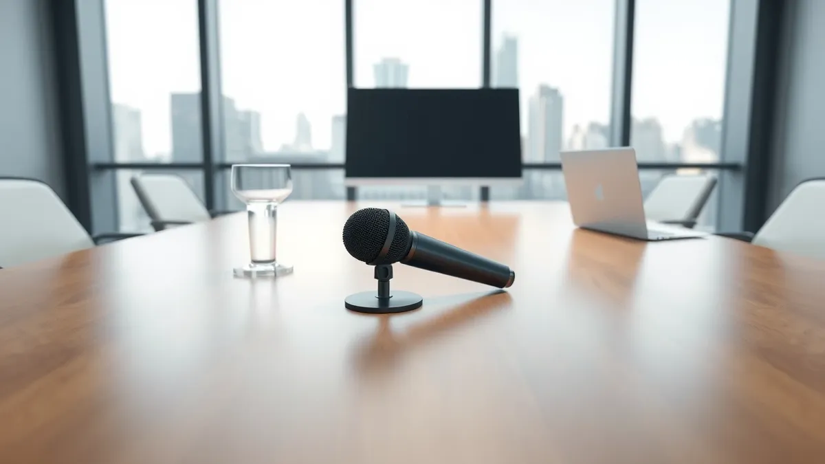 Illustration: A small black microphone rests on a polished wooden table inside an empty conference room.