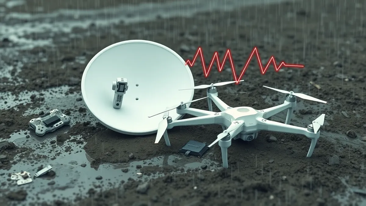 Illustration: A white satellite dish lies crumpled on muddy ground next to a shattered quadcopter frame.