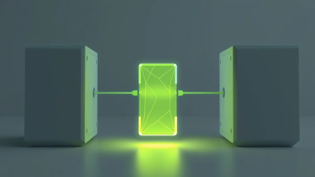 Illustration: A glowing digital packet travels through a translucent glass tube connecting two blank server boxes.