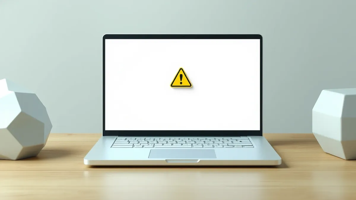 Illustration: A silver laptop sits on a wooden desk, its screen displaying a blank white window with a subtle gray progress bar near the bottom.