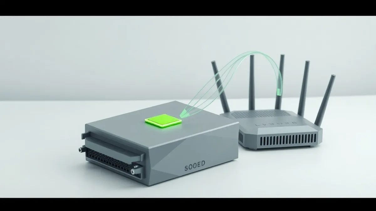 Illustration: A sleek server module with a small green chip sits on a clean white desk.