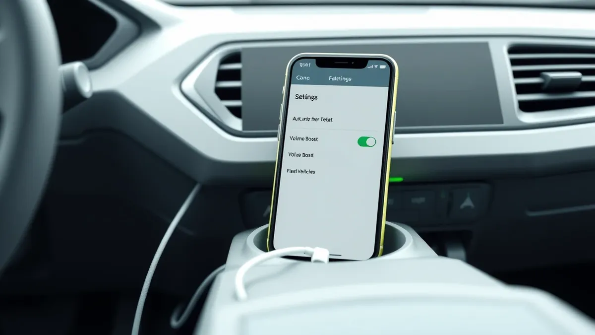 Illustration: A smartphone rests in the cupholder of a car dashboard, connected by a white cable to the infotainment system.