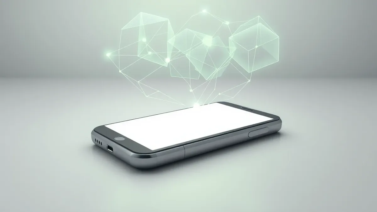 Illustration: A smartphone lies on a desk, its screen displaying a blank app interface.
