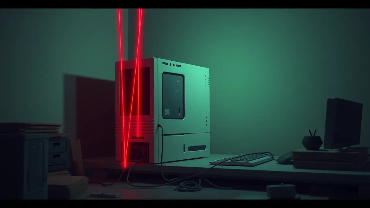 Illustration: A dusty desktop computer sits abandoned on a cluttered desk, its power cord unplugged and trailing to the floor.