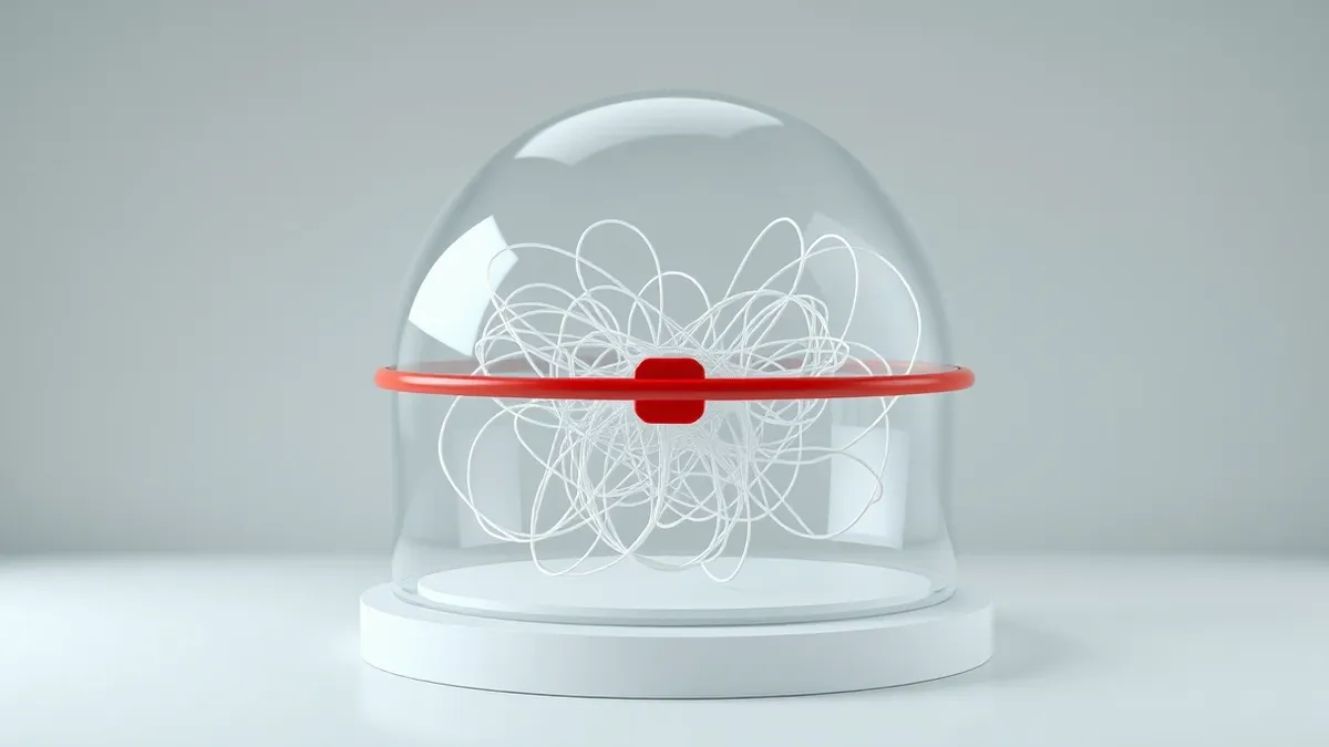 Illustration: A transparent glass dome encases a floating, tangled web of white strings representing internet connections.
