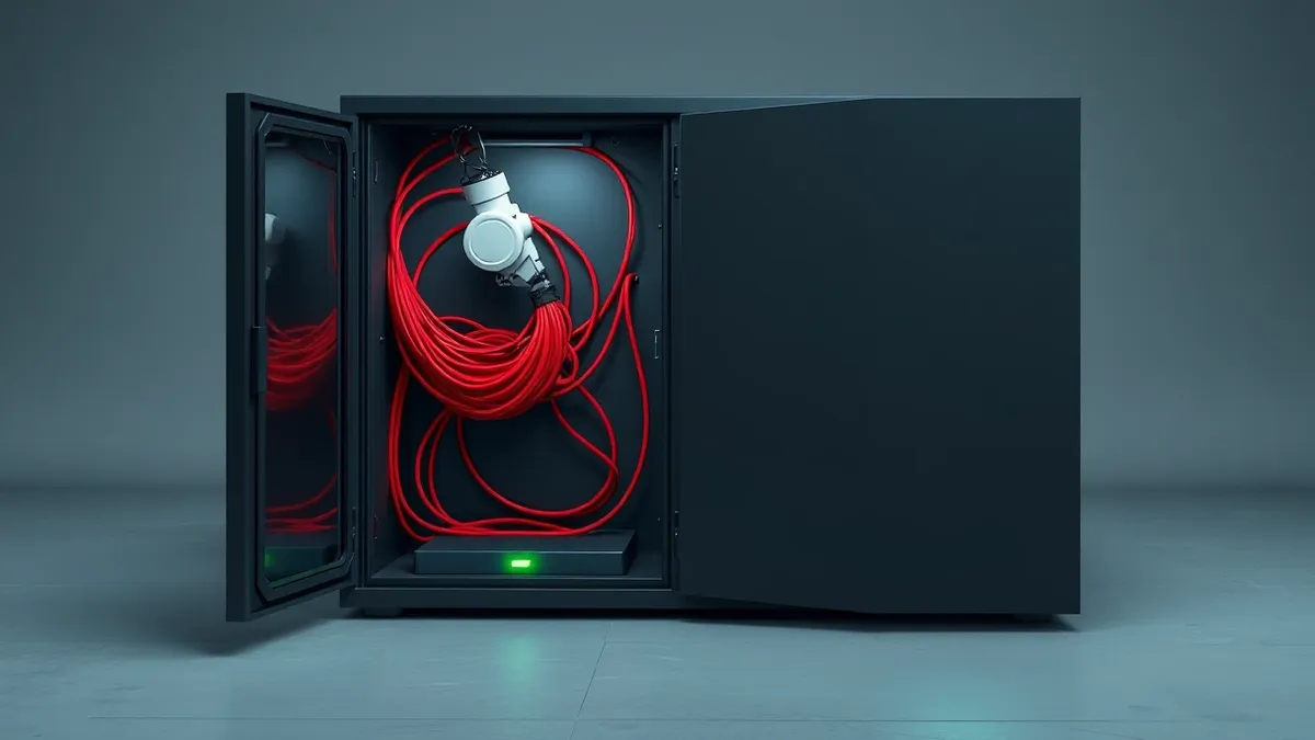 Illustration: A sleek black server box sits on a concrete floor with its metal door swinging open.