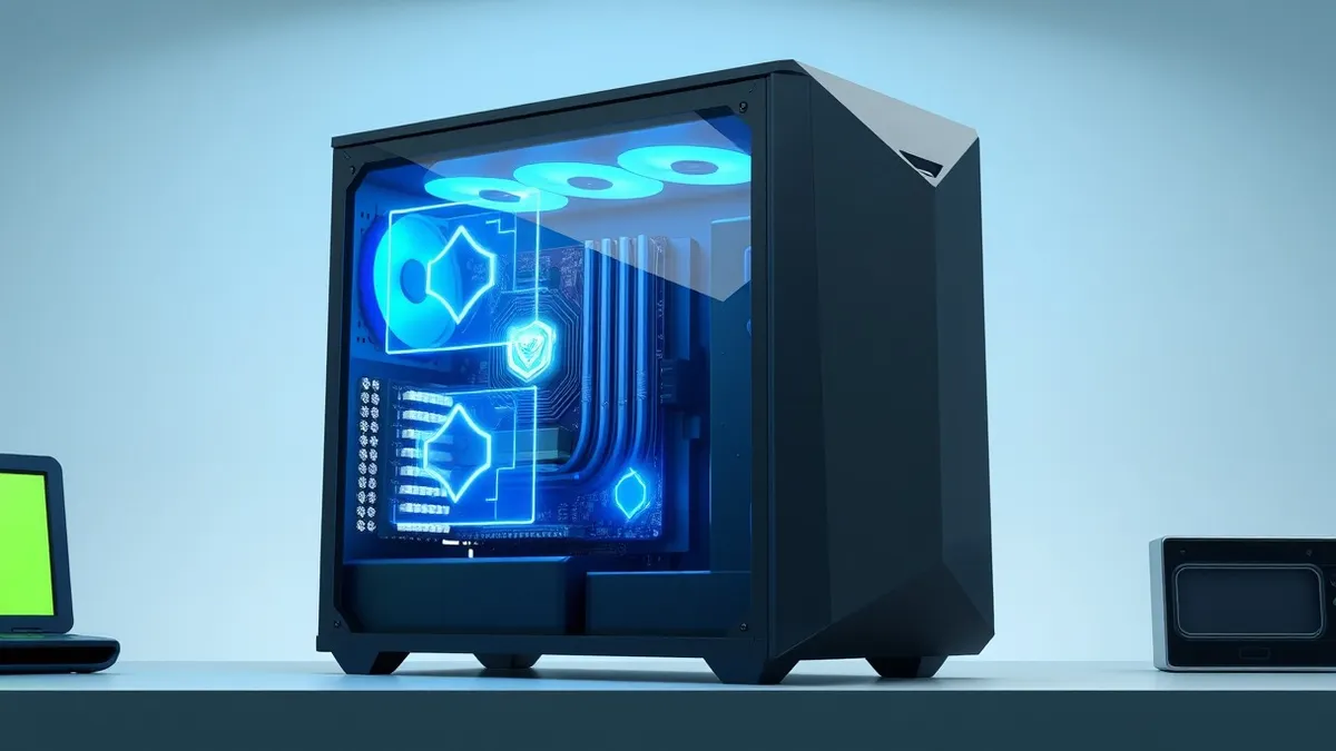 Illustration: A sleek black computer tower sits on a desk with its side panel removed, revealing clean internal circuitry.
