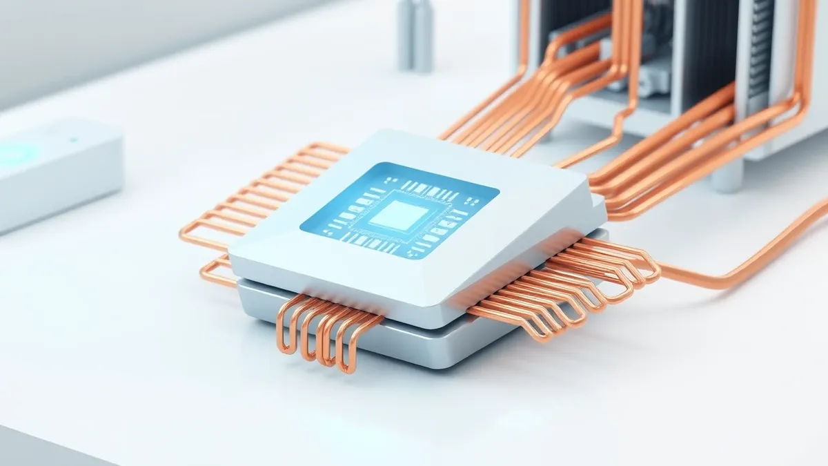 Illustration: A sleek square quantum processor rests on a pristine white laboratory bench.