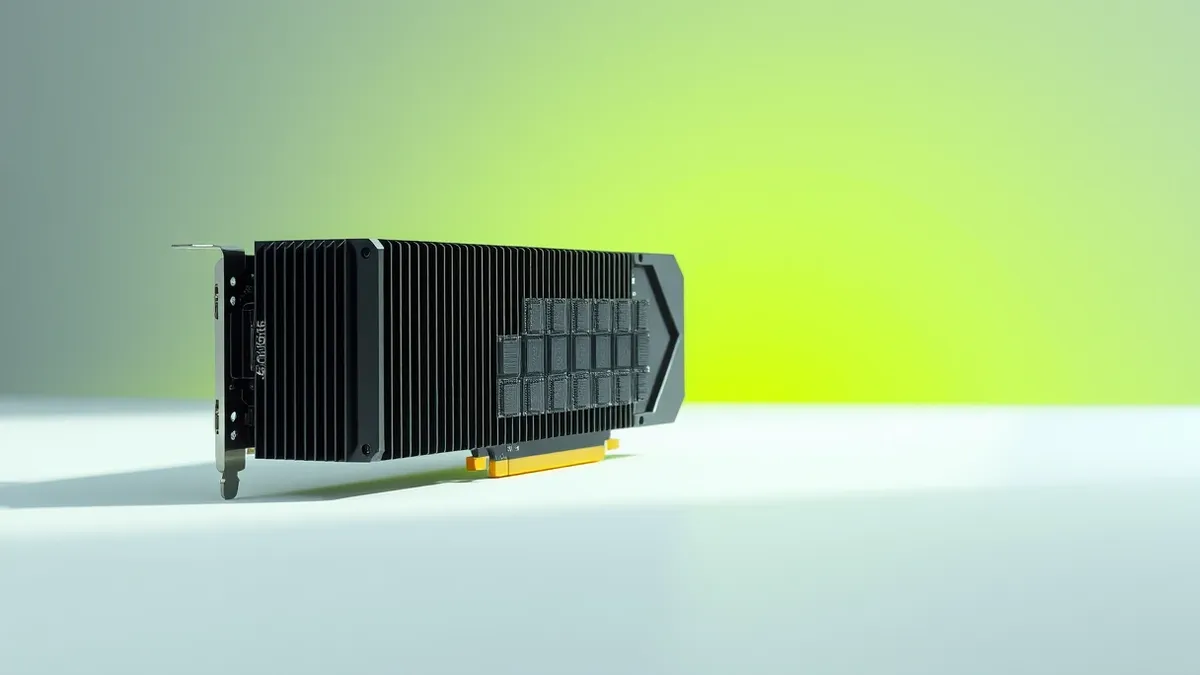 Illustration: A single black rectangular graphics accelerator card rests on a clean white surface, its large metal heatsink fins catching soft studio light.