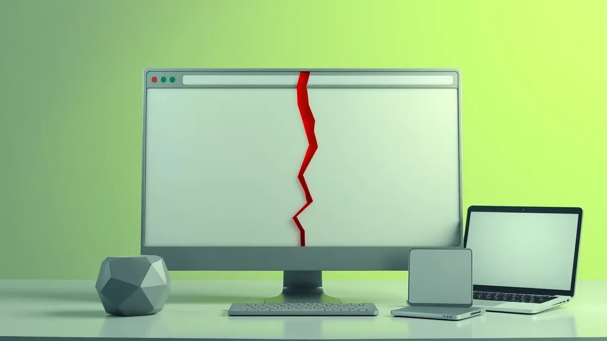 Illustration: A web browser window displays a blank page with a subtle, jagged red crack splitting the glass surface from the top address bar down to the bottom.
