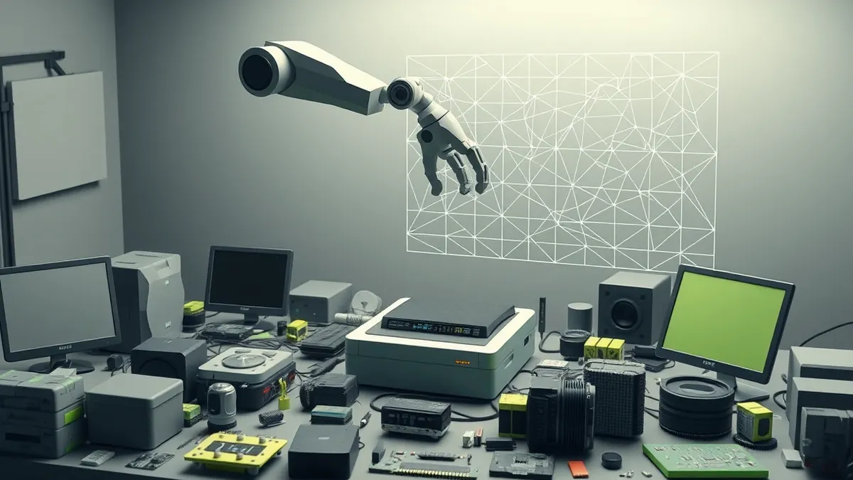 Illustration: A sleek robotic arm hovers over a cluttered workbench scattered with lidar sensors, camera lenses, and circuit boards.