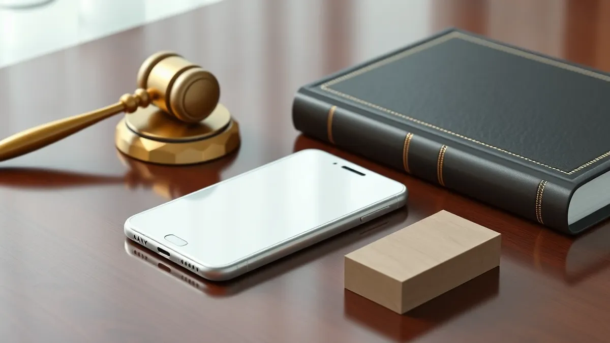 Illustration: A sleek white smartphone rests on a polished mahogany table beside a heavy leather-bound law book.