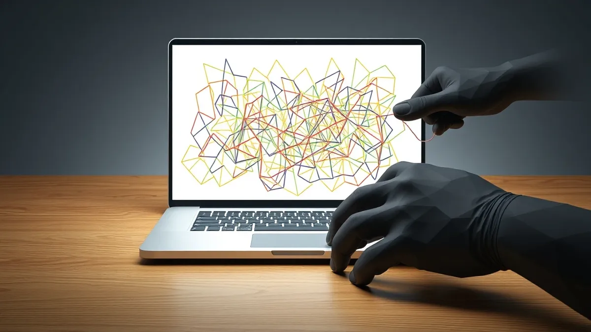 Illustration: An open laptop sits on a wooden desk with its screen displaying tangled, colorful lines of abstract geometric shapes resembling a complex maze.