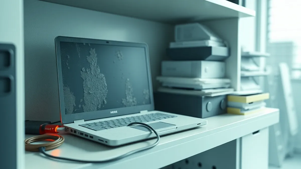 Illustration: A dusty, disconnected laptop sits abandoned on a cluttered office shelf, its power cord dangling loosely.