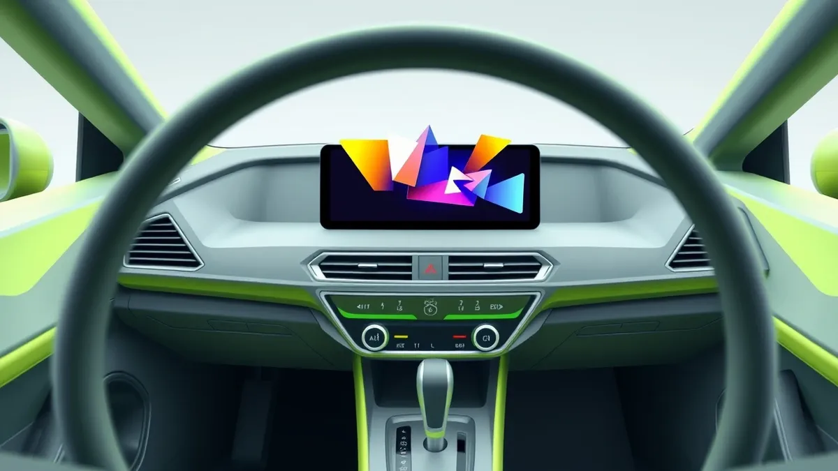 Illustration: A modern car dashboard features a central touchscreen displaying abstract colorful video shapes.