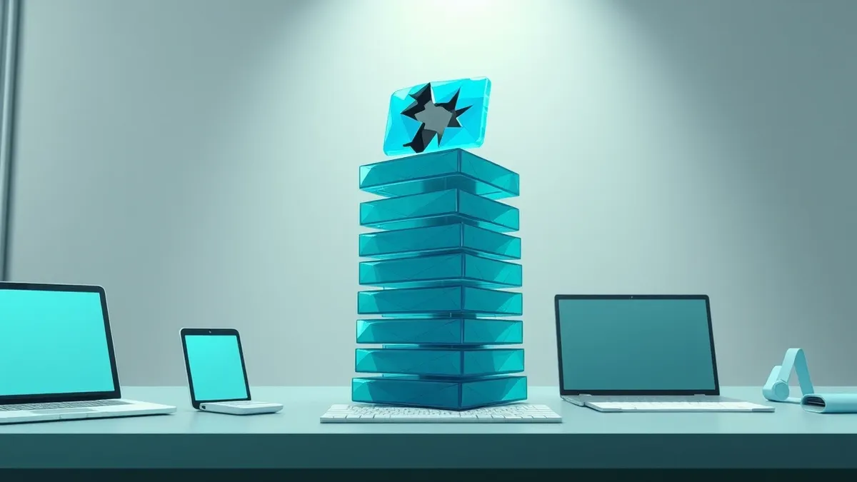 Illustration: A towering stack of translucent blue software update tiles teeters precariously on a sleek office desk.