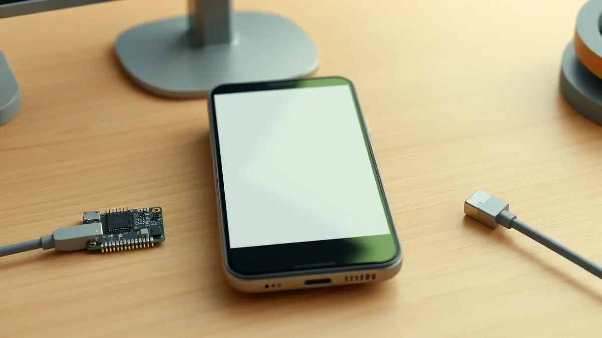 Illustration: A generic smartphone with a blank screen sits on a wooden desk next to a small circuit board and a micro-usb cable.
