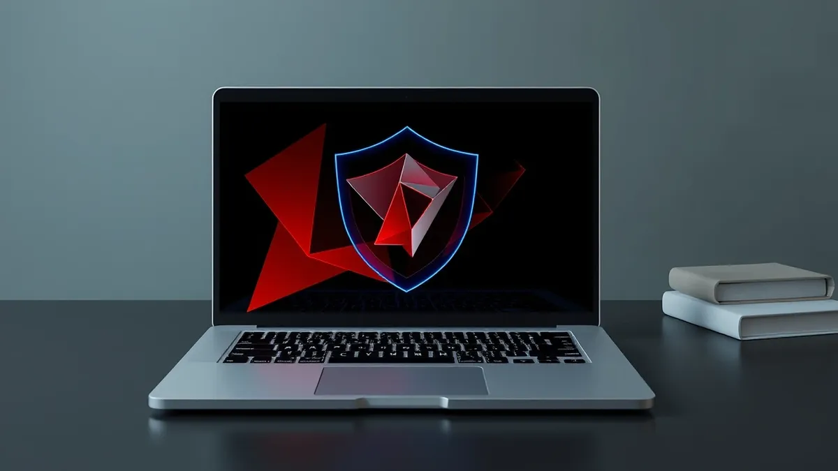 Illustration: A sleek silver laptop sits on a dark desk with its screen displaying abstract red geometric shapes that pierce through a translucent blue shield.