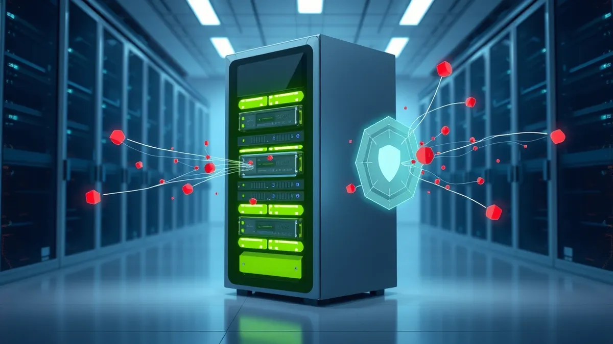 Illustration: A sleek, modern server rack stands in a clean data center, glowing with soft blue lights.