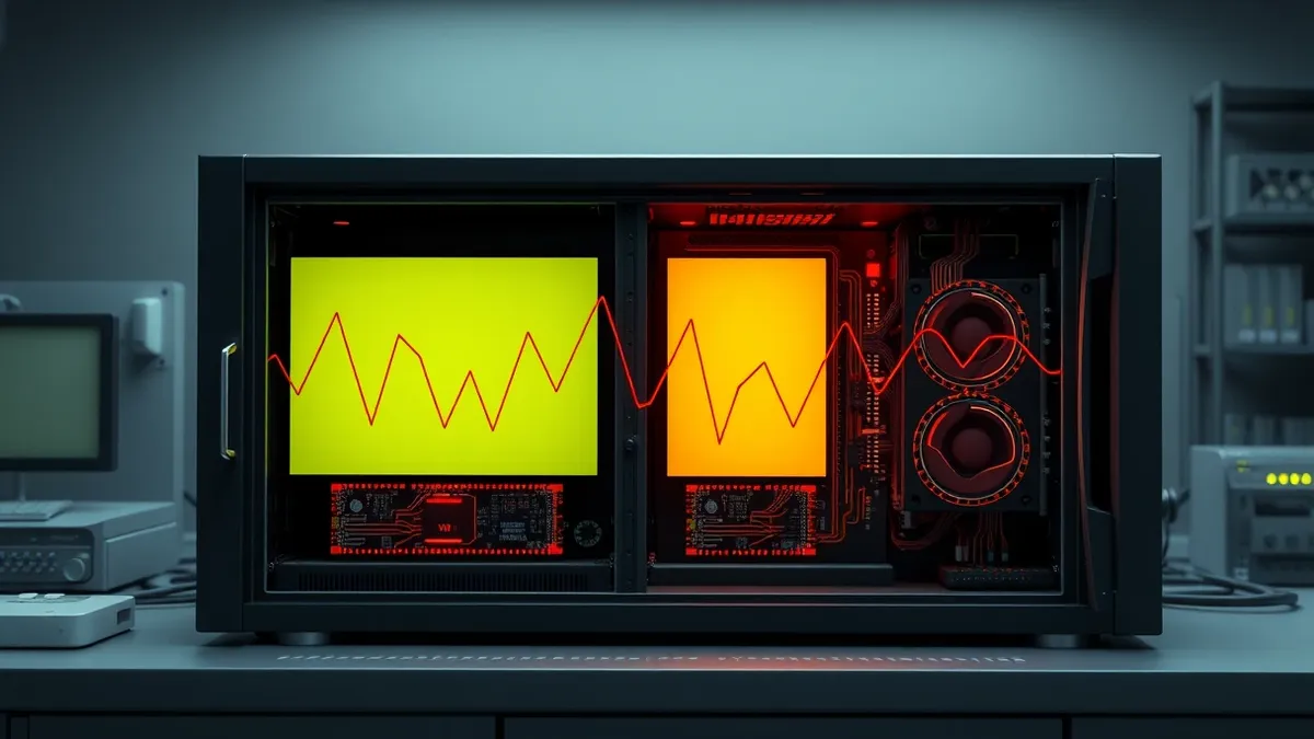 Illustration: A sleek black server unit sits open on a workbench, its internal circuit boards glowing with erratic red pulses.