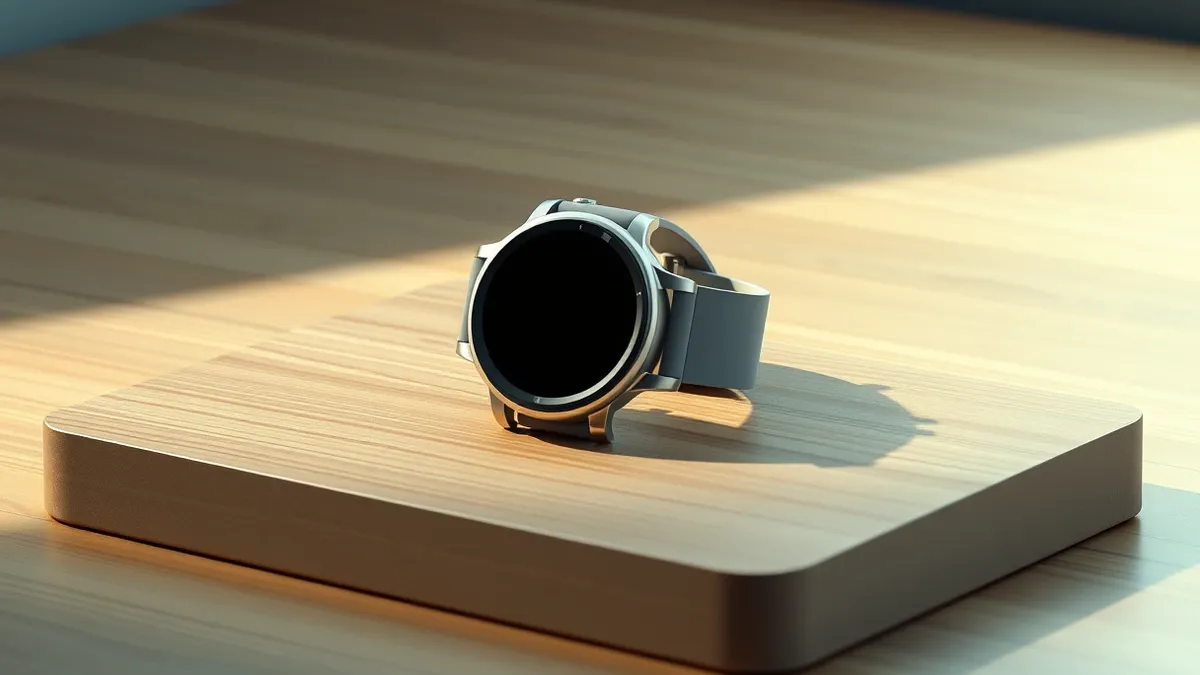 Illustration: A fitness watch rests on a wooden surface as a subtle ripple effect pulses from its case, visually representing the new haptic vibration alerts for incoming calls and