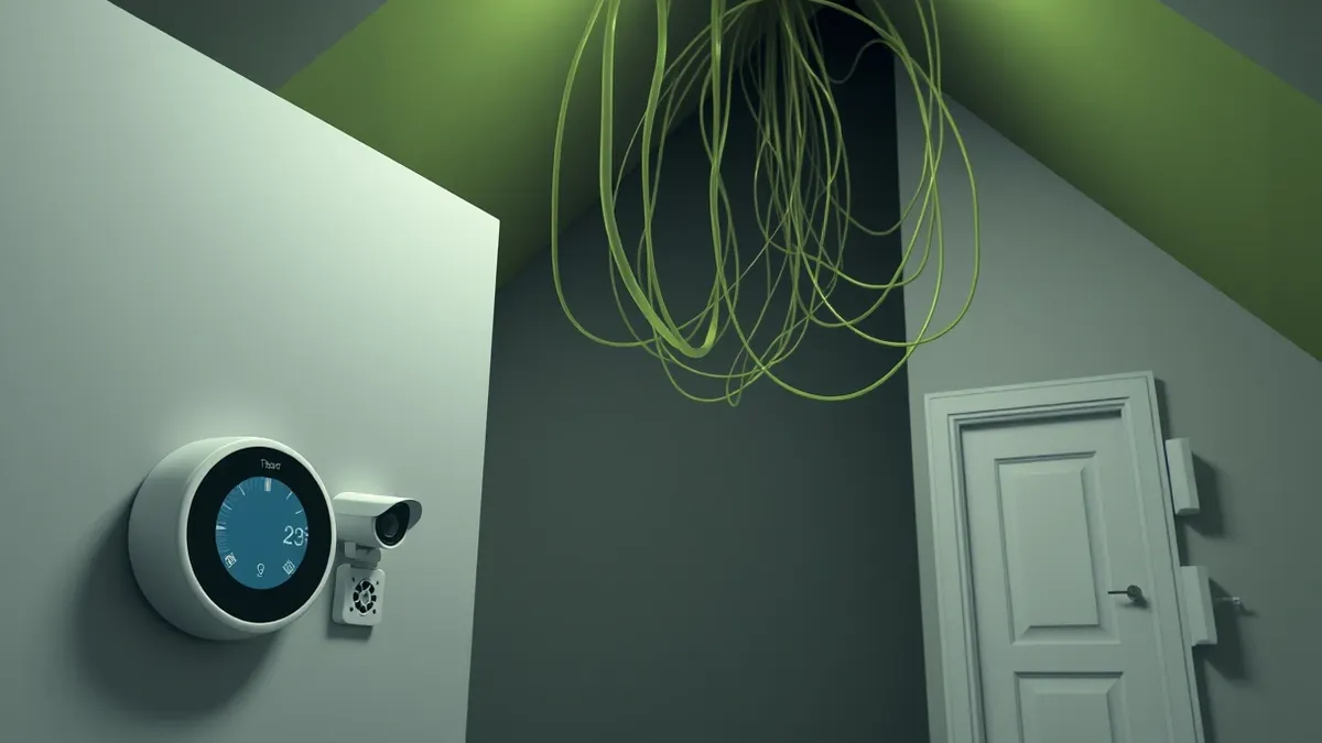 Illustration: A smart thermostat sits on a wall beside a security camera and a door sensor.