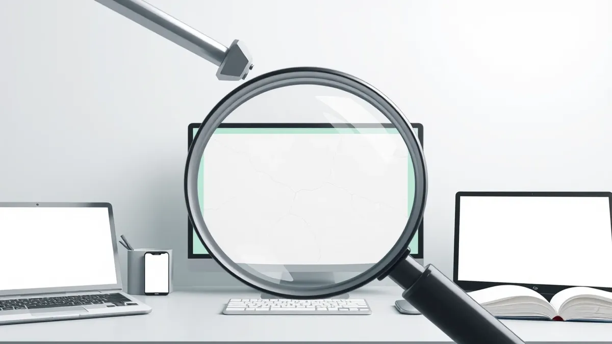 Illustration: A magnifying glass hovers over a blank white certificate card resting on a clean desk.