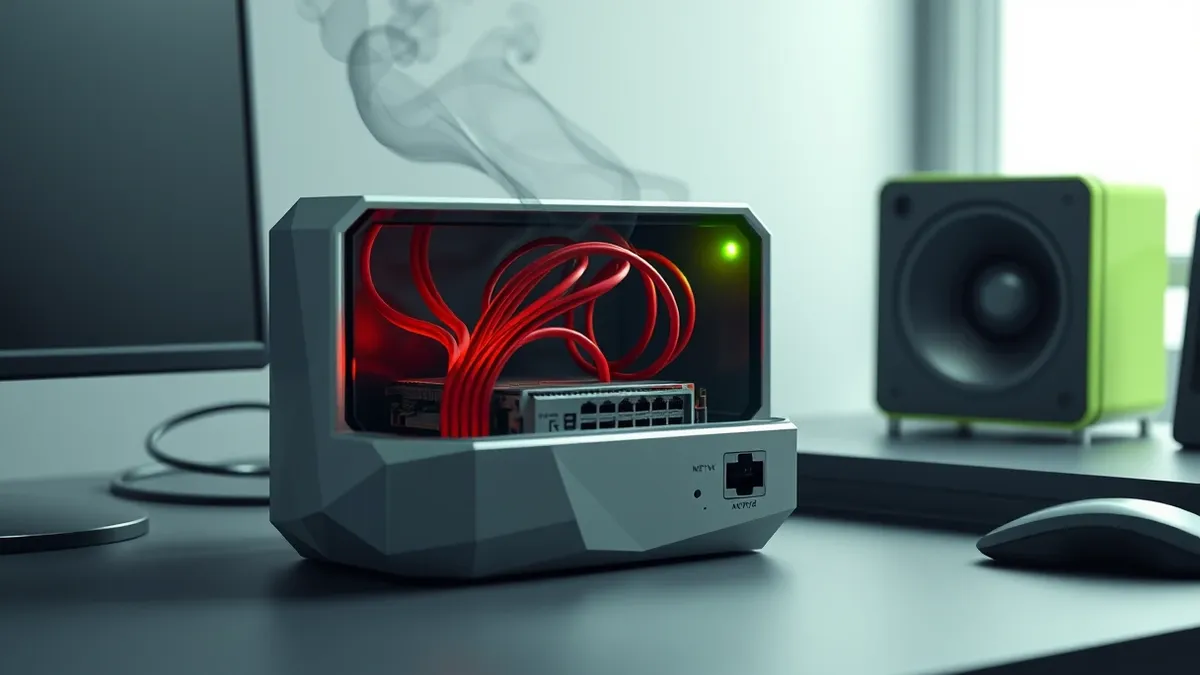 Illustration: A sleek network gateway device sits on a desk with its metal casing slightly ajar.