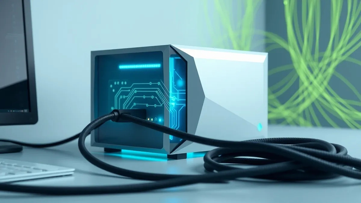 Illustration: A sleek silver server box sits on a desk with glowing blue circuit lines pulsing through its transparent casing.