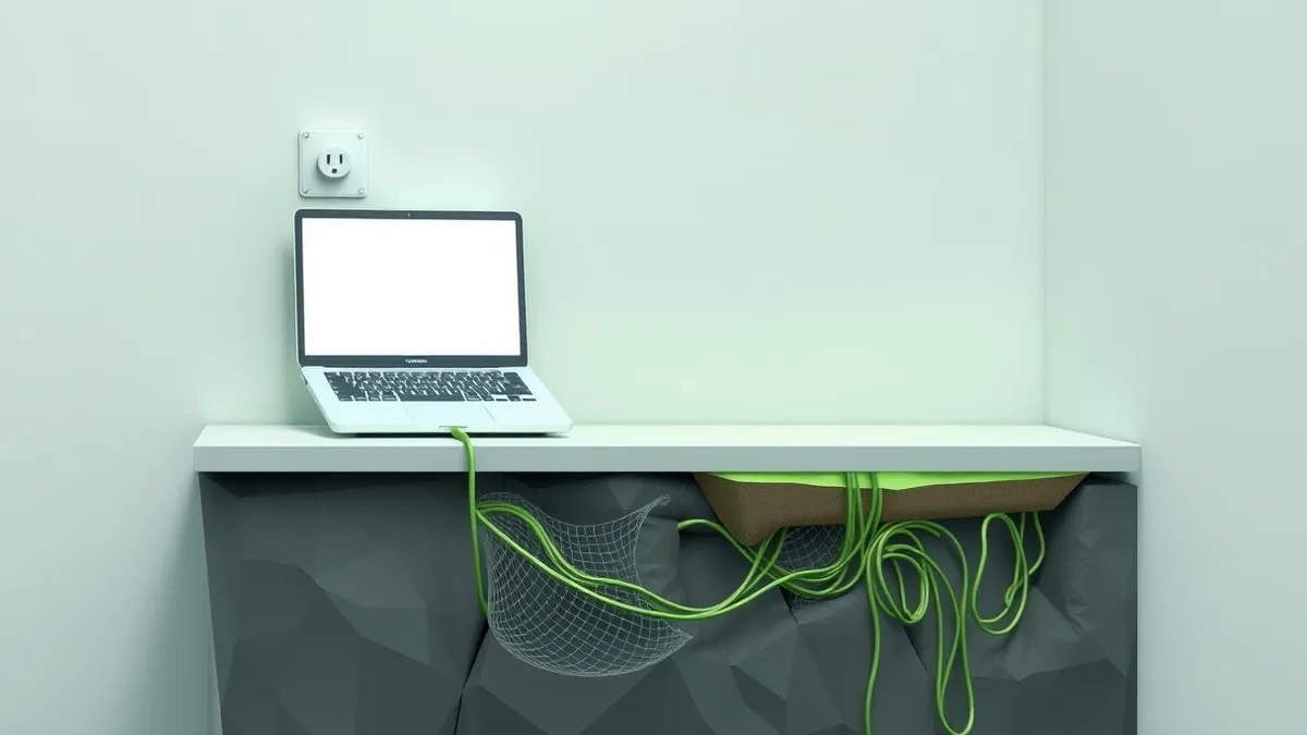 Illustration: A small office desk holds a laptop connected via cable to a wall outlet.