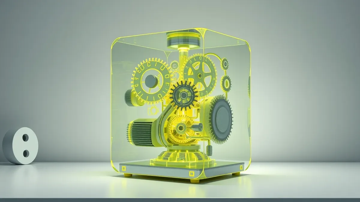 Illustration: A transparent glass cube sits on a clean white desk, containing intricate glowing gears and clear interconnected pathways that reveal the machine’s internal logic.