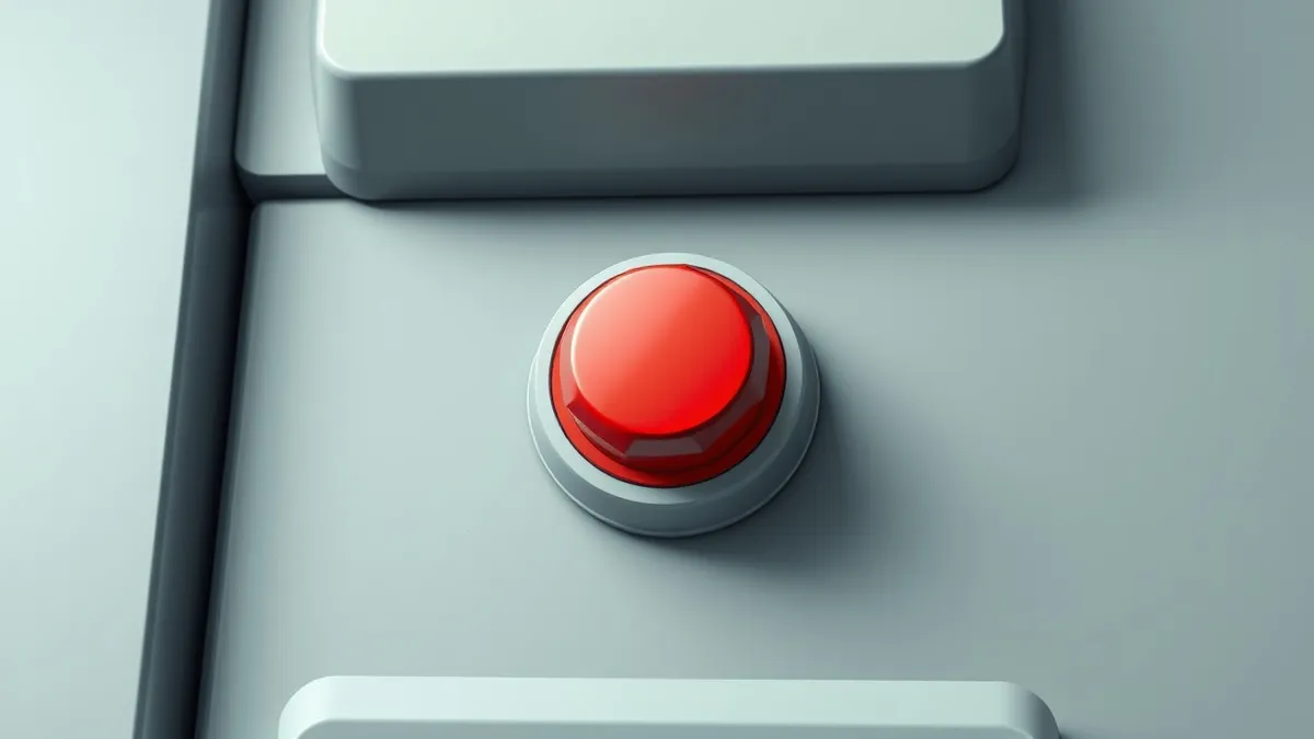 Illustration: A large red emergency stop button sits prominently on a sleek gray control panel.