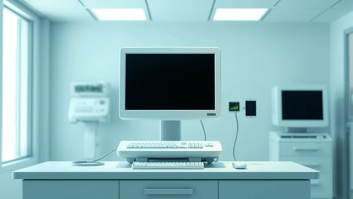 Illustration: A medical workstation sits isolated on a sterile desk, its screen dark and blank.