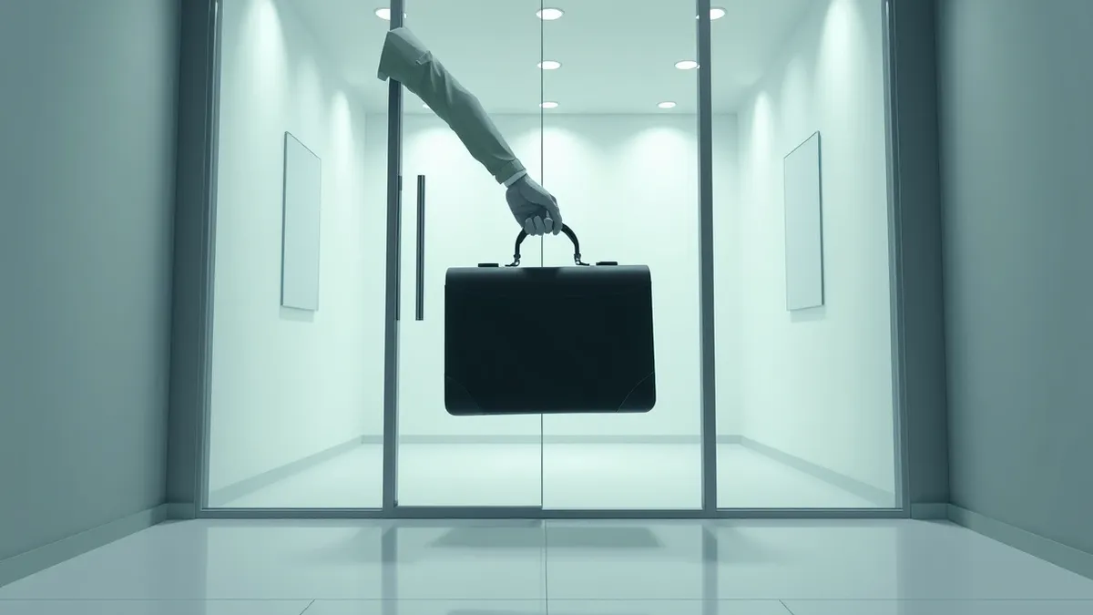 Illustration: A sleek black briefcase glides just inches behind a closed glass office door as the latch clicks shut.