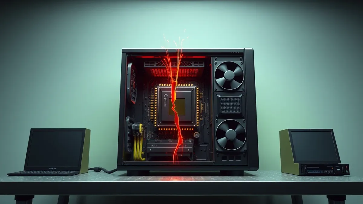 Illustration: A sleek black server tower sits open on a metal workbench, revealing its internal circuitry and cooling fans.
