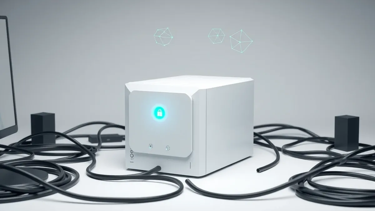 Illustration: A sleek white server box sits on a clean desk, surrounded by tangled black cables.
