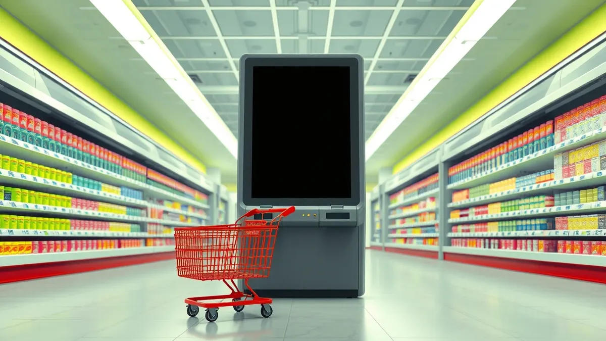 Illustration: A self-checkout kiosk sits idle in an empty grocery aisle, its blank screen reflecting the bright overhead lights.