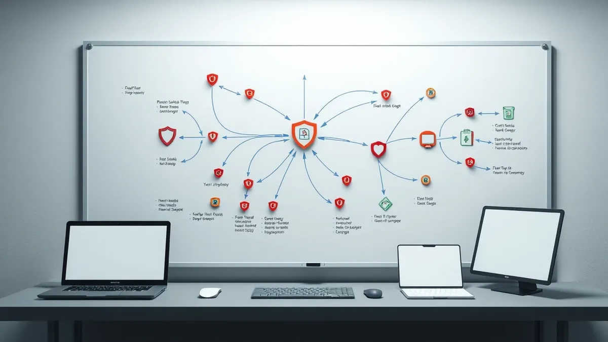 Illustration: A whiteboard displays a complex flowchart of interconnected arrows and nodes.