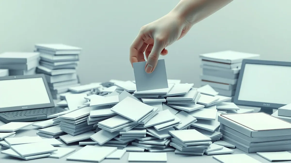 Illustration: A lone hand reaches out to pull a small, blank white card from a tangled pile of identical cards on a cluttered desk.