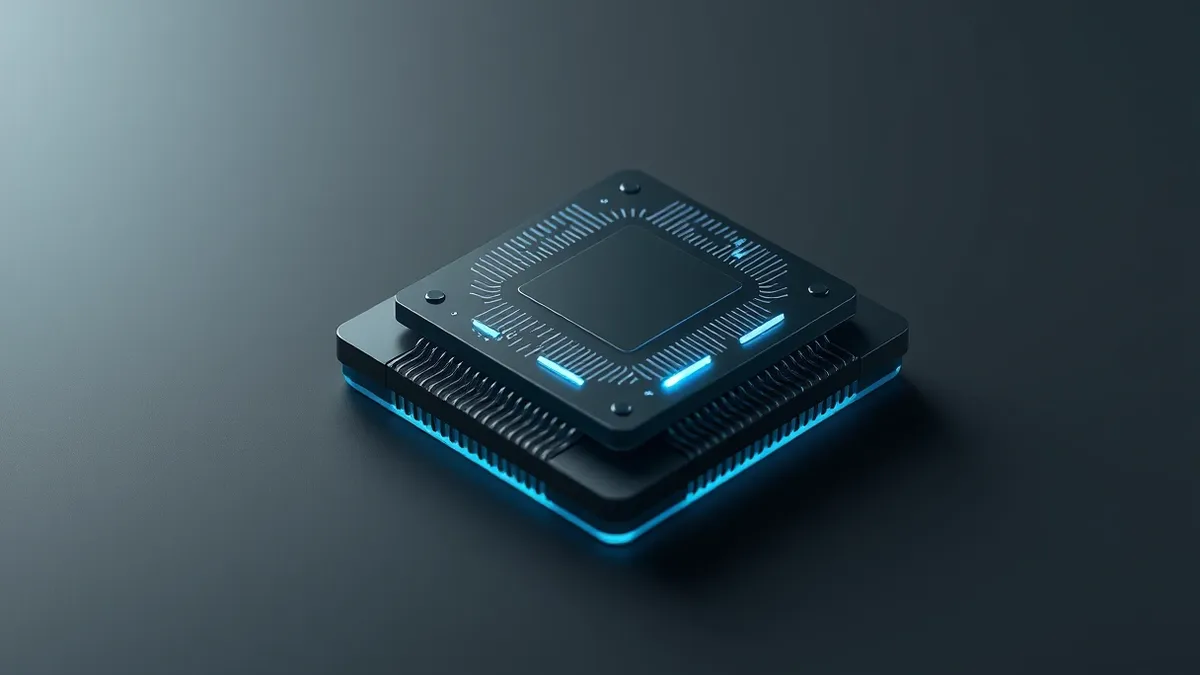 Illustration: A sleek black computer chip rests on a dark surface, its intricate circuitry visible through a transparent top layer.