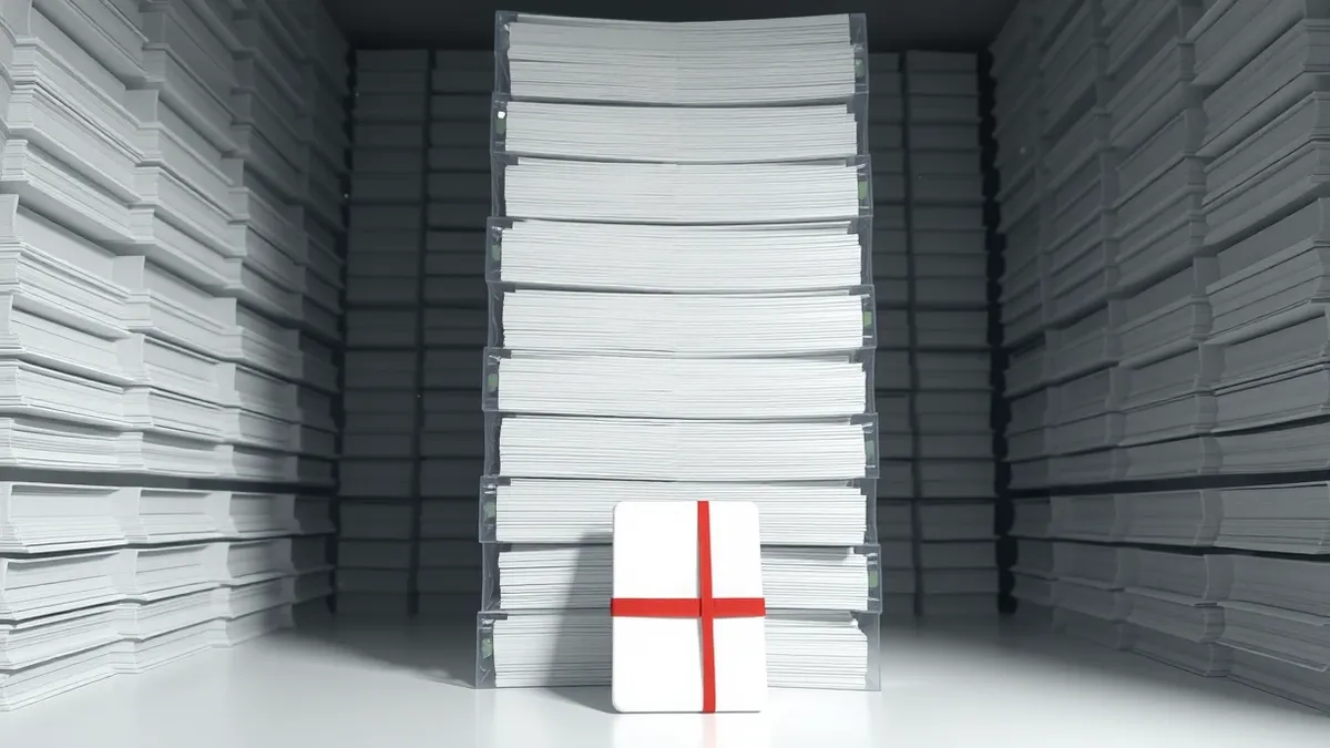 Illustration: A towering stack of translucent plastic binders overflows with blank white index cards.
