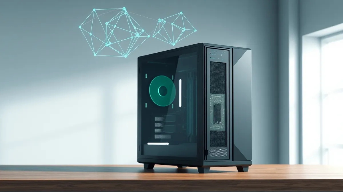 Illustration: A sleek black server tower sits on a wooden desk, its side panel removed to reveal intricate circuitry.