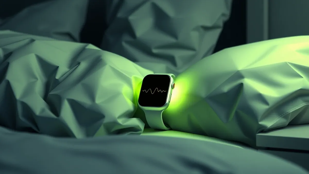 Illustration: A wrist-worn health monitor rests on a nightstand beside a rumpled pillow.